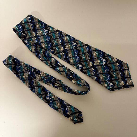 Stefano Milano Silk Tie Blue Teal Abstract Mens Necktie Handmade Italy Office - Picture 2 of 8